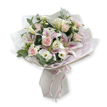 Bouquet de roses, lys et lisianthus