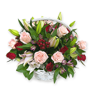 Basket with lilies, roses, alstroemerias