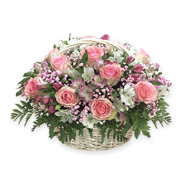 Basket with roses and alstroemerias