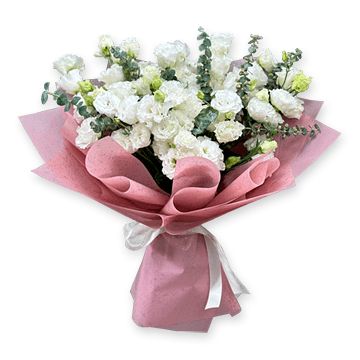 Bouquet of white lisianthus with eucalyptus