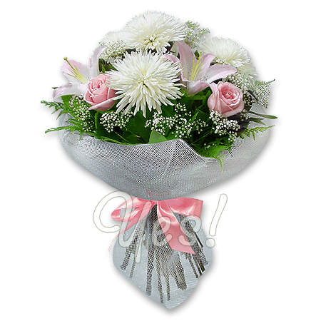 Bouquet of roses, lilies and chrysanthemums decorated verdure