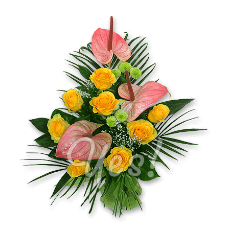 Blumenstrauß aus Anthurie und Rosen geschmückt Grünpflanzen