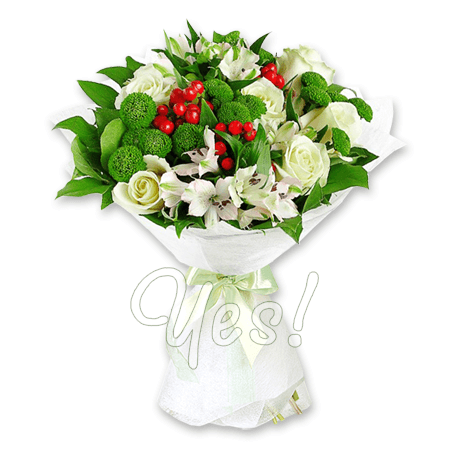 Букет з троянд, альстромерій та хризантем