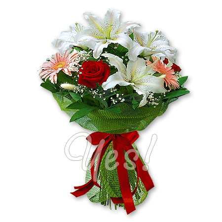 Bouquet of lilies, roses, gerberas