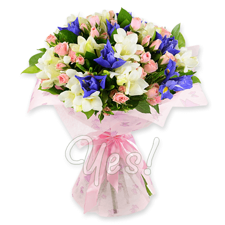 Bouquet of roses, irises and freesias
