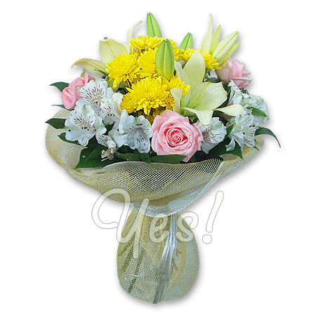 Bouquet of roses, lilies and chrysanthemums