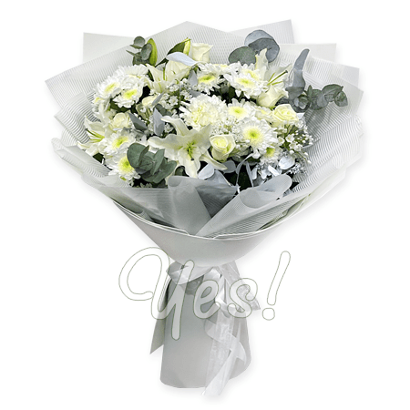 Bouquet de roses, lys, chrysanthèmes