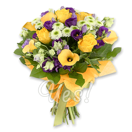 Bouquet of roses, lisianthus, callas and chrysanthemums