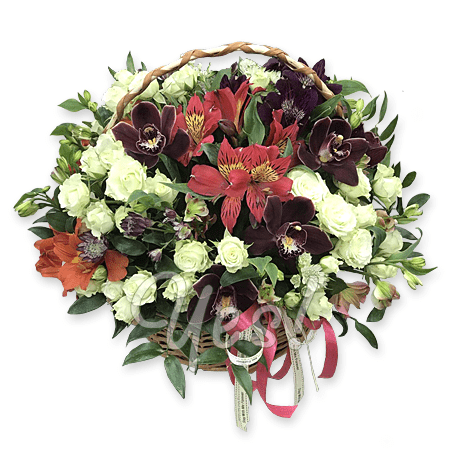 Basket with roses, orchids, alstroemeria