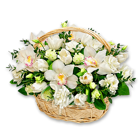 Basket with orchids, tulips and lisianthus