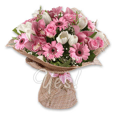Bouquet of roses, orchids, tulips and gerberas