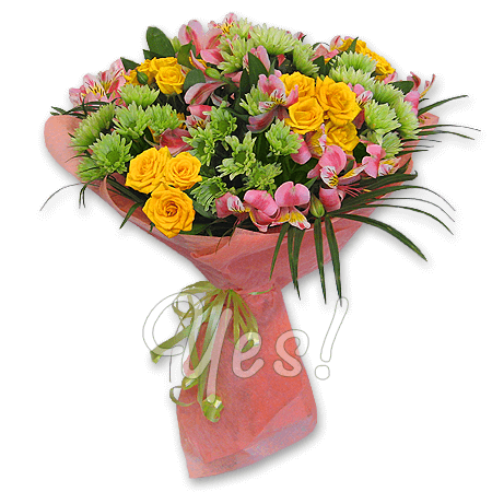 Bouquet of roses, chrysanthemums and alstroemerias