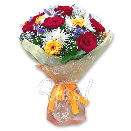 Bouquet of roses, chrysanthemums and gerberas
