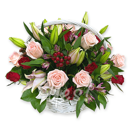 Basket with lilies, roses, alstroemerias