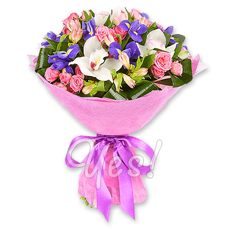 Bouquet of roses, orchids, irises and alstroemerias