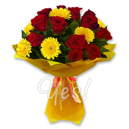 Bouquet of gerberas and roses decorated verdure