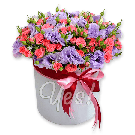Spray roses and lisianthus in box