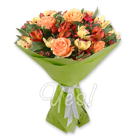 Букет з троянд, орхідей і альстромерій