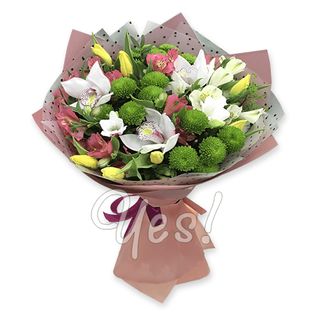 Bouquet of white orchids, chrysanthemums and tulips