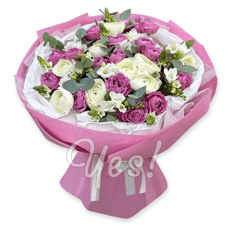 Bouquet de roses, Ranunculus et freesia