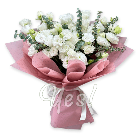 Bouquet of white lisianthus with eucalyptus