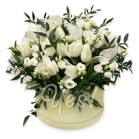 Orchids, tulips, lisianthus in a box